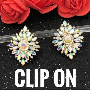 AB Iridescent Rhinestone Statement Clip On Earrings